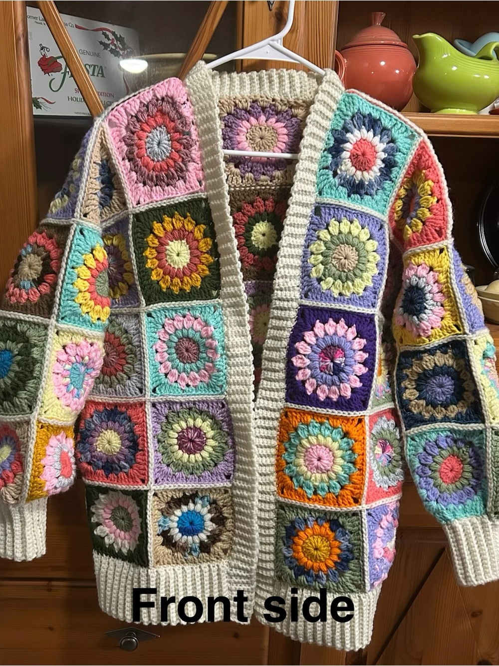 Multicolor Crochet Granny Square Cardigan Sweater - Cream Trim